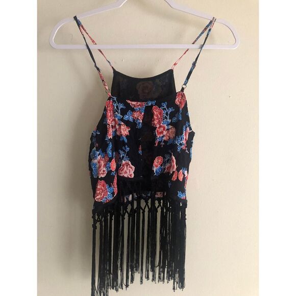 Forever 21 Strappy floral black tank top with fringe size M - Picture 2 of 7